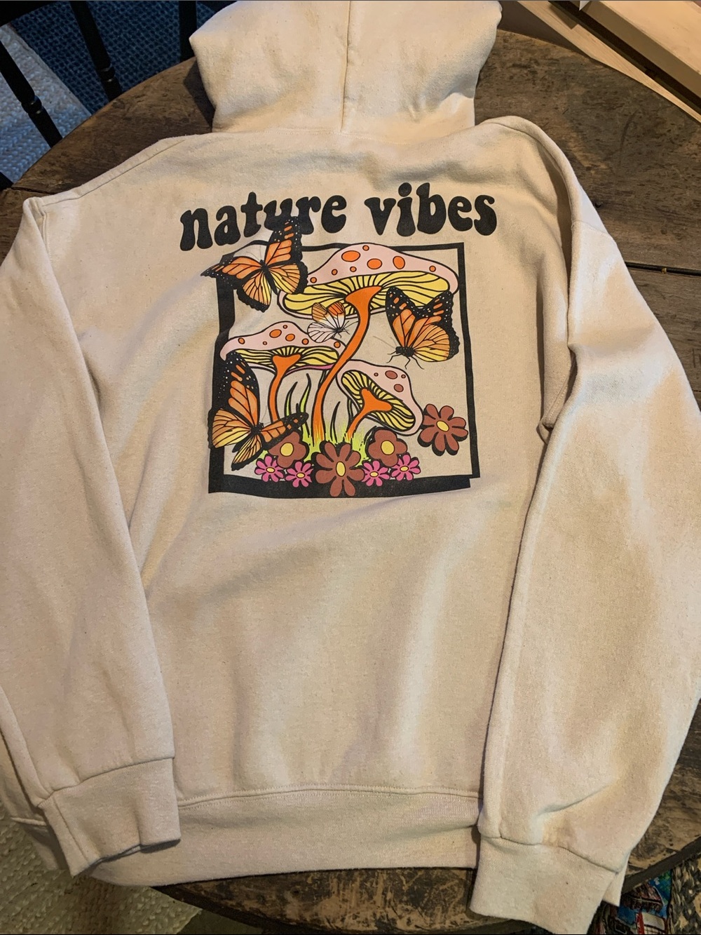 Beige "Nature Vibes" Graphic Hoodie with Mushroom & Butterfly Print